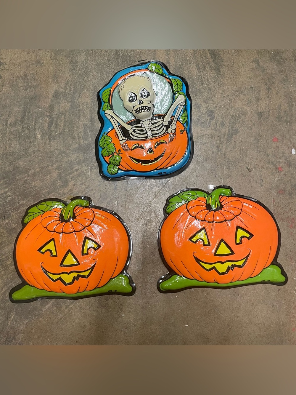 Vintage Glow Skeleton 70s &  Two Pumpkins Decor Halloween Lot Good Used Condtion